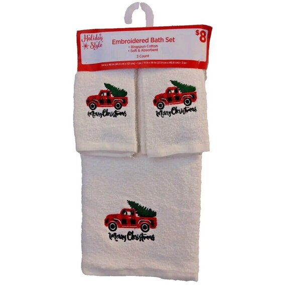Set Of 3 Holiday Bath Set- Truck / Christmas Tree Christmas Scene 100% Cotton - Picture 1 of 3